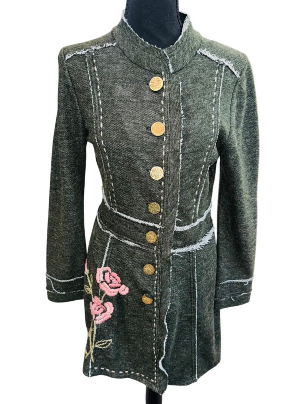 Marese Steampunk Embroider Floral Military Coat Jacket M Grey Rose Floral Cotton - Picture 2 of 10